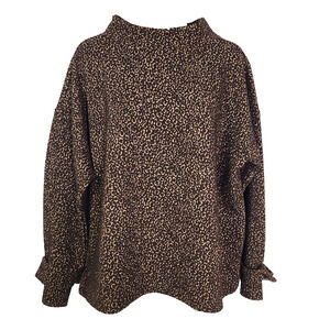 Ann Taylor Top Womens Large Animal Jacquard Button Cuff Classic Mock Neck Brown